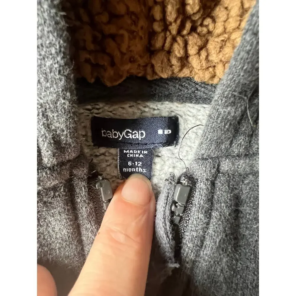 Baby Gap Sherpa Lined Zip Hoodie Jacket Charcoal 6-12 Months
